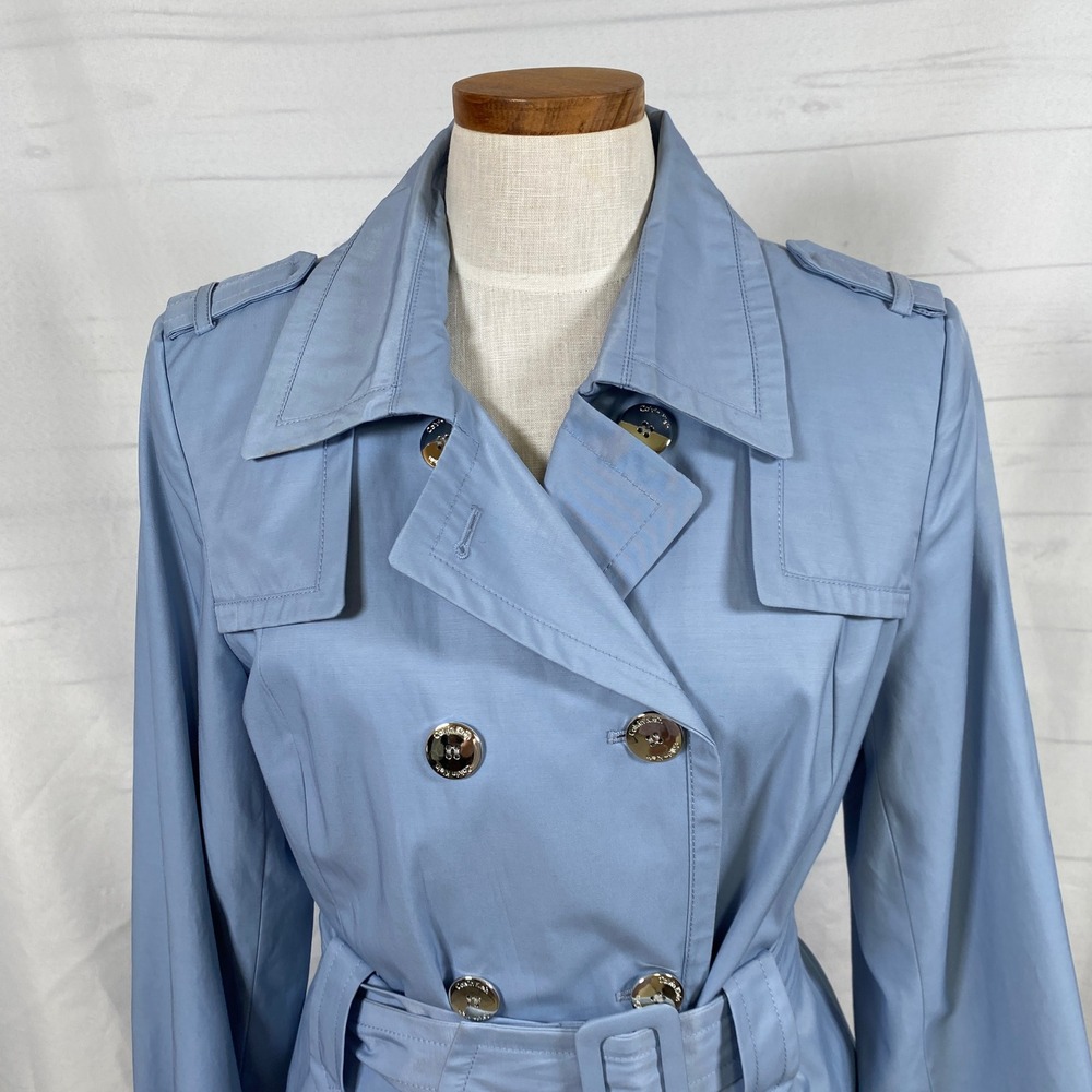 Calvin Klein Belted Double Breasted Trench Coat Women L Blue Chic Career Office - Picture 12 of 12